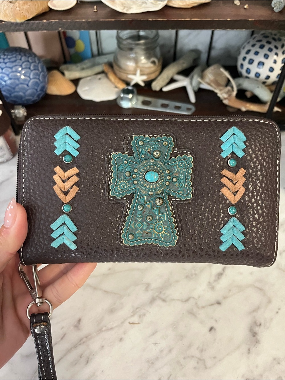 P&G Brown Wristlet Clutch with Turquoise Cross Accent NWT
